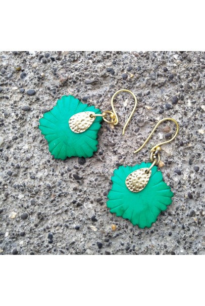 Alphabey's Green dyed bone carving Gold Plated Brass Earrings For Women